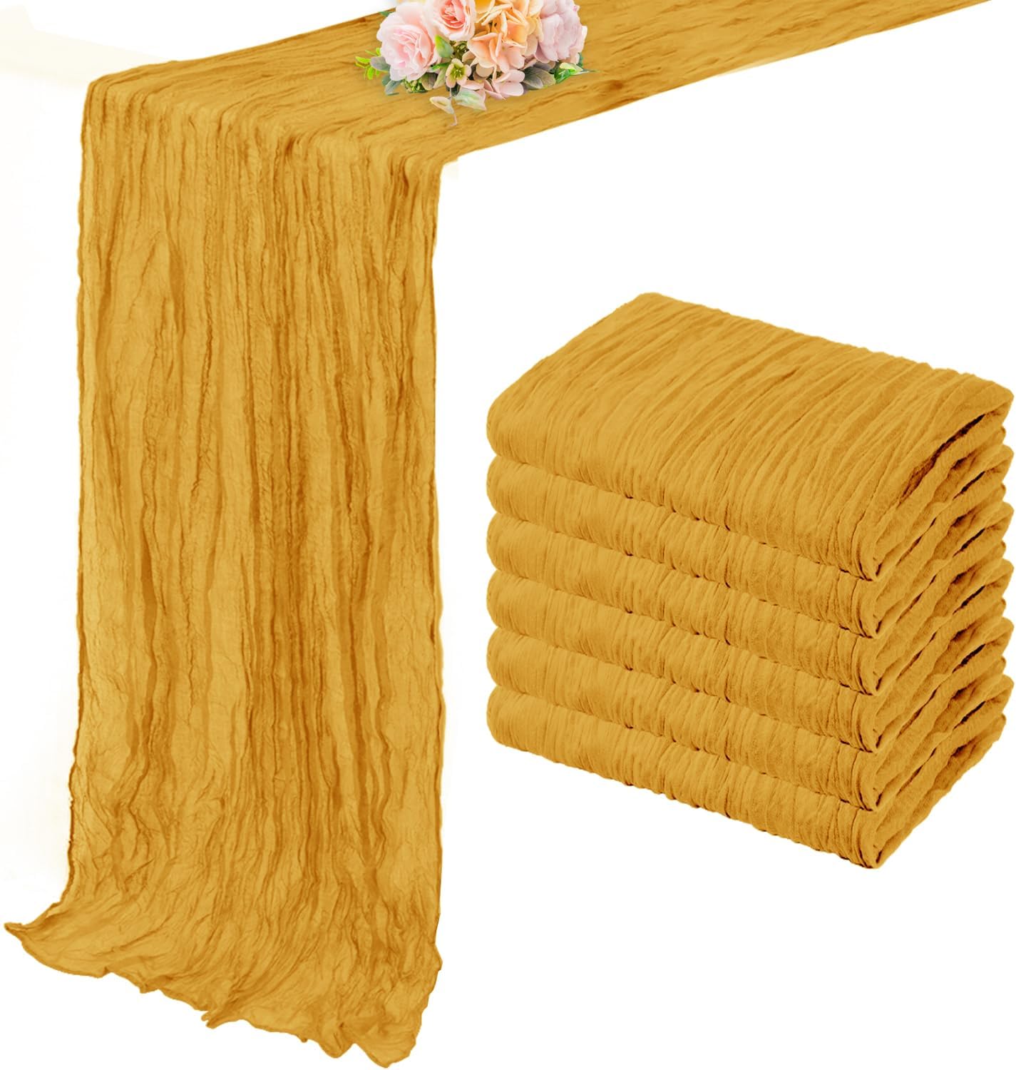 6 Pack Mustard 10FT Cheesecloth Table Runner Rustic Gauze Fabric Cheese Cloth Table Runner for Wedding Bridal Baby Shower Table Decor Boho Sheer Birthday Party Table Decorations 20 x 120 Inch Long