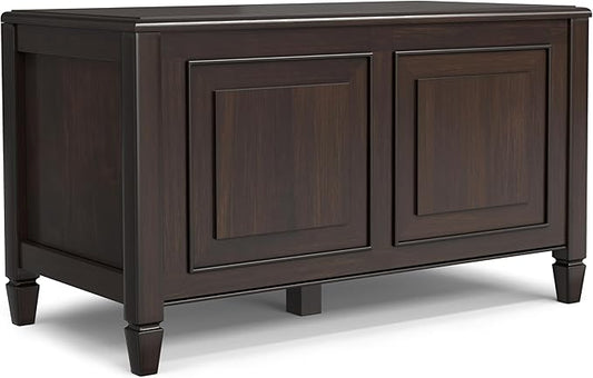 SIMPLIHOME Connaught Storage Bench - 36 inch Wide Solid Wood Small Trunk Bench in Chestnut Brown, Traditional Bench for Entryway with Lift-Up Lid and Dual Hidden Compartments