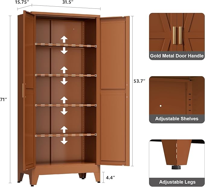 71" Tall Metal Storage Cabinet with 2 Doors and 4 Adjustable Shelves, 5-Tier Kitchen Pantry Storage Cabinet for Kitchen, Living Room, Dining Room and Office, Brown