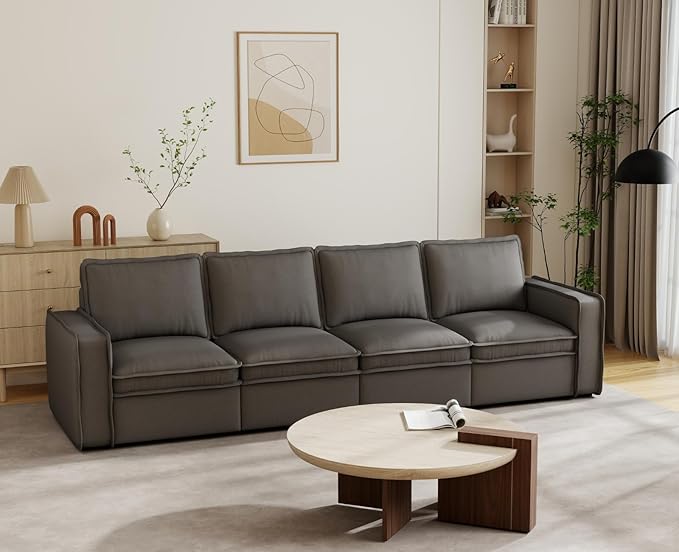 EALSON 119" Modular Sectional Sofa Modern Comfy 4-Seater Couch Sofa Linen Fabric Upholstered Cloud Couches with 24" Deep Seat and Wooden Legs for Bedroom/Living Room/Office, Grey