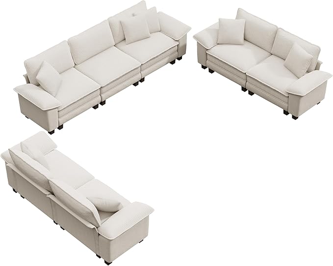 PHI VILLA Cloud Modular Couches Sets, 3 Pieces Large Sectional Sofa Set with Loveseats, 7-Seater Upholstered Couch for Living Room, Chenille Corduroy Dual Fabric, Beige