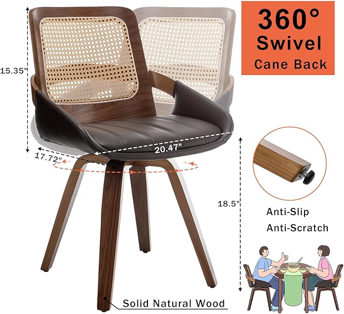 Set of 2 Mid Century Modern Chairs - Swivel Retro Walnut Dining Chairs with Ergonomic Cane Back, Curved Arms, Faux Leather Dining Chairs for Restaurant/Kitchen/Living Room (Walnut Brown)