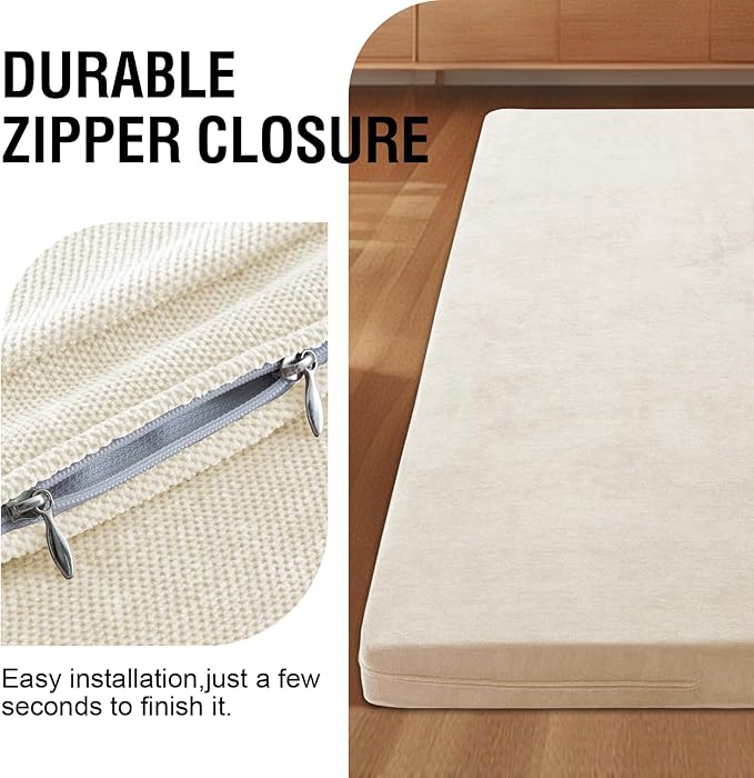 H.VERSAILTEX Full Size Armless Futon Mattress Covers for Traditional Japanese Futon Mattress Soft Chenille Couch Slipcovers Floor Mats Sofa Protector Zippered Sleeper Sofa Cover,Beige