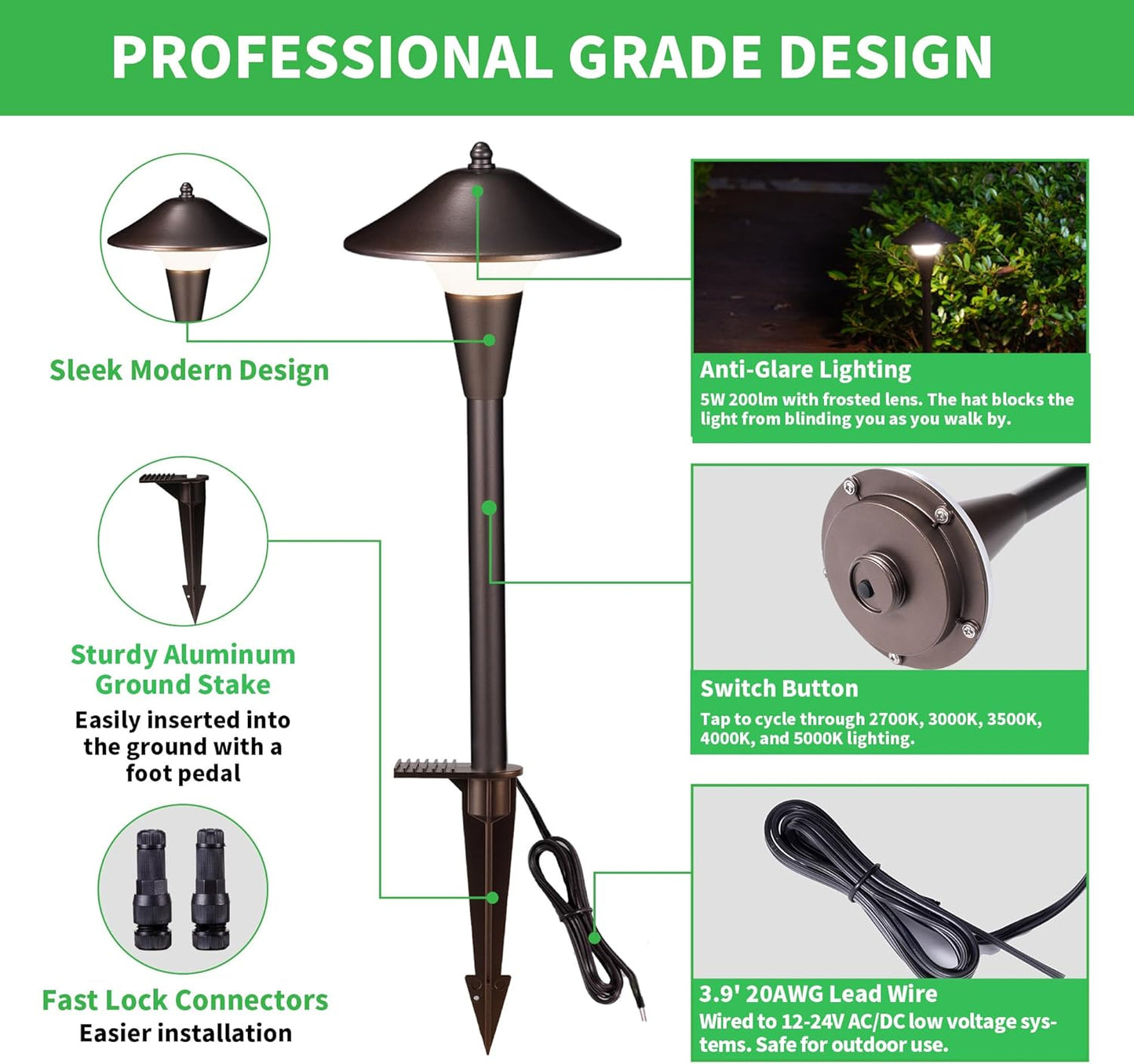Low Voltage Pathway Lights - 2700K/3000K/3500K/4000K/5000K Selectable Landscape Sidewalk Lighting Wired, 12V Path Light Waterproof, 200lm LED Aluminum Pathlight ORB for Outside Patio Yard