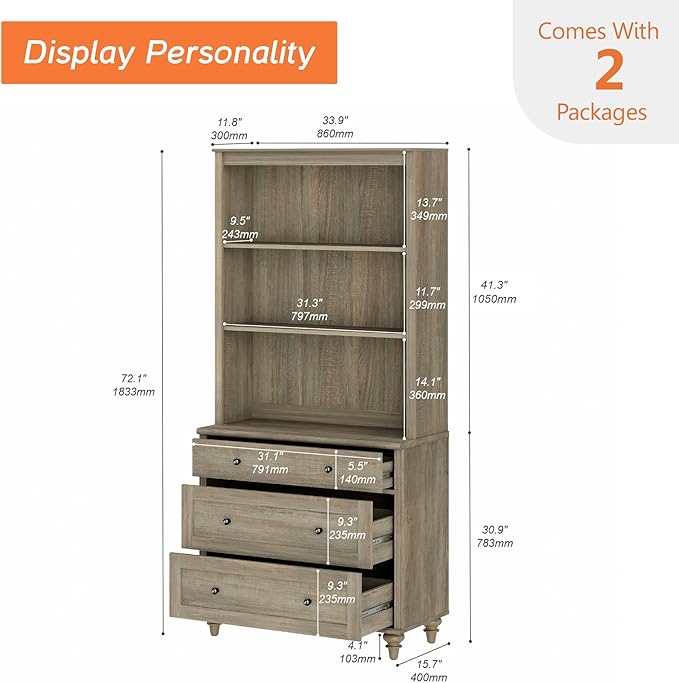 WAMPAT 72" Tall Bookcase Large Display Book Case Shelf with 3-Tier Open Book Shelfs, 3 Tier Farmhouse Style Bookshelf with 3 Drawers, Wood Bookshelves for Living Room or Study Room, Wash Grey