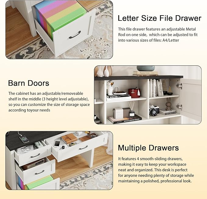 Farmhouse 67" H Executive Desk with Hutch,Computer Desk with 4 Drawers and LED light, Office table with Storage Cabinet & File Drawers and Charging Station, Wood Workstation for Home Office and Study