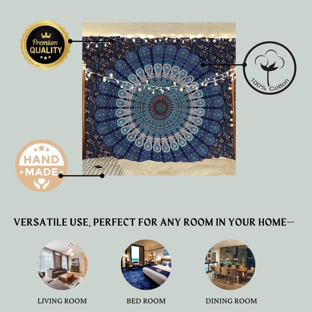 Bless International Handmade Indian hippie Bohemian Psychedelic Peacock Mandala Wall hanging College Dorm Beach Throws Table Cloth Bedding Tapestry (Black White, Medium(54x60Inches)(137x152cms))