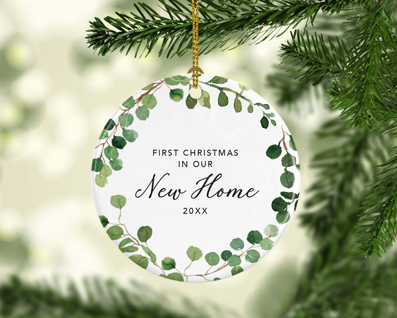 Andaz Press Custom Year Round Ceramic Porcelain Christmas Tree Ornament Keepsake Collectible Gift, First Christmas in Our New Home 2025, Woodland Wreath Deer, 1-PackHousewarming Gift Ideas