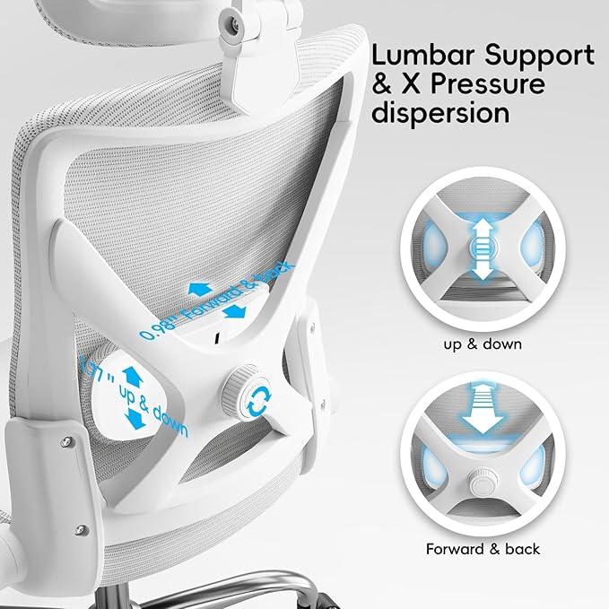 Office Home Ergonomic Desk Chair-Computer X-Shaped Chair Mesh PU Leather with Adjustable Lumbar Support-Executive Chair High Back with Headrest Flip-Up Arms for Long Hours (White)