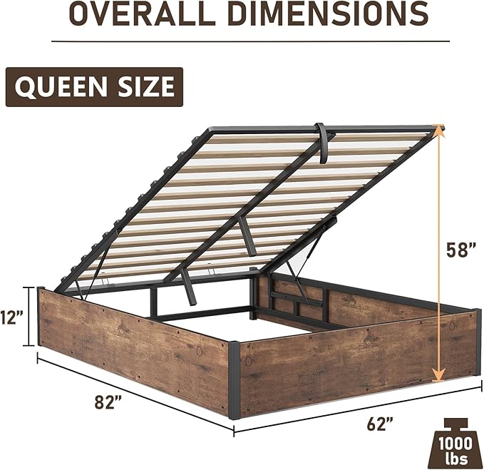 Queen Size Lift-Up Storage Platform Bed Frame, Metal Bed Frame with Wooden Slats Support, Spacious Underneath Storage, No Box Spring Required, Noise-Free, Rustic Brown