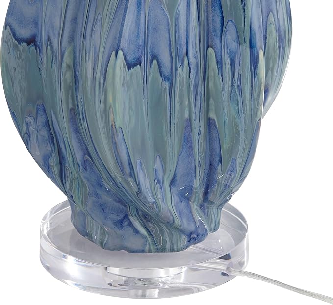 Possini Euro Design Teresa Modern Coastal Table Lamp 31" Tall Teal Blue Drip Ceramic Beige Fabric Drum Shade Decor for Bedroom Living Room House Bedside Nightstand Home Office Entryway Family