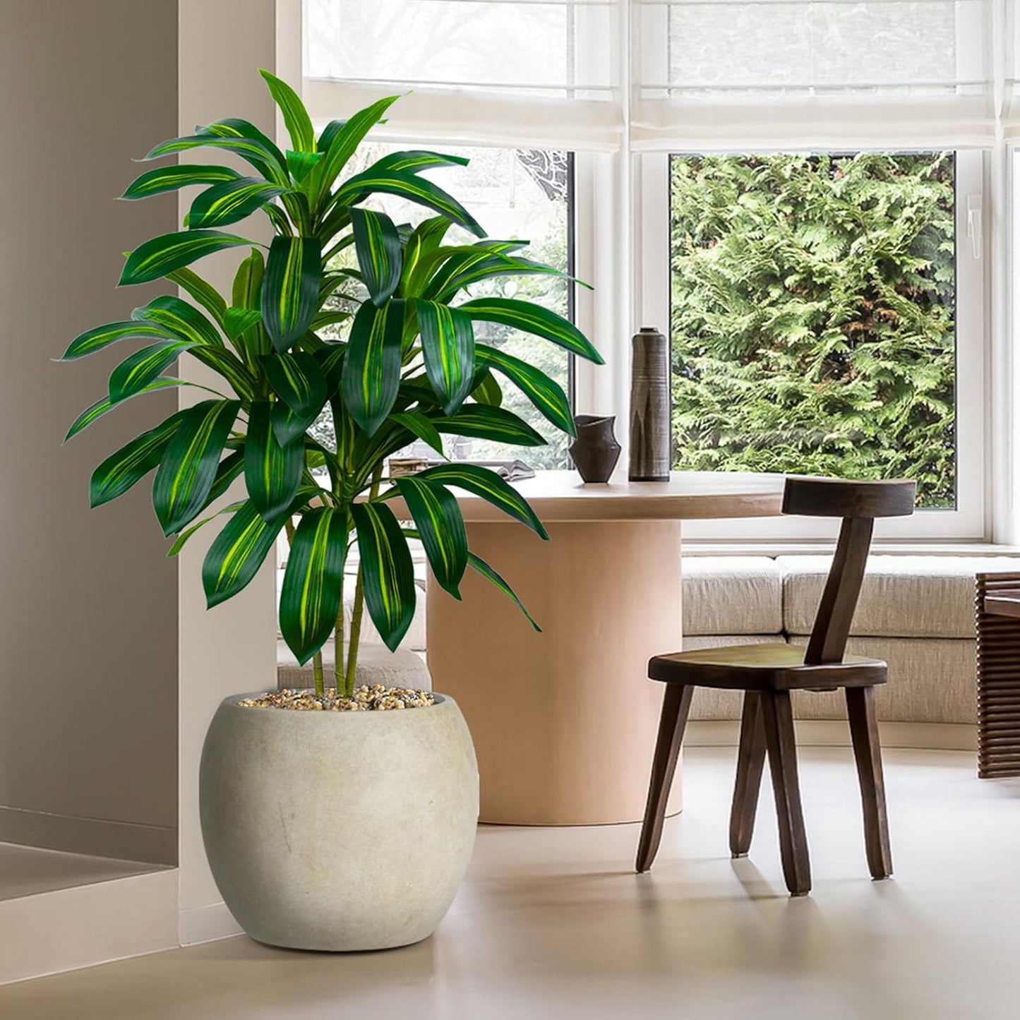 Artificial Dracaena Tree Artificial Silk Tree Faux Tree with White Tall Planter Fake Tropical Yucca Floor Plant (1, White Planter, 4 FT)