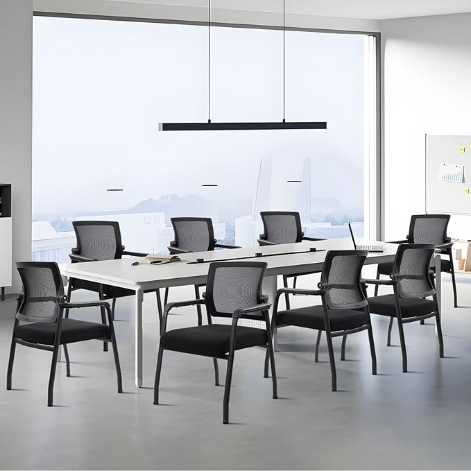 8PK Office Guest Chairs No Wheels | Ergonomic Lumbar Support and Thicked Seats Cushion, Desk Chair with Adjustable Mesh Back for Waiting Room School Church Reception，Black