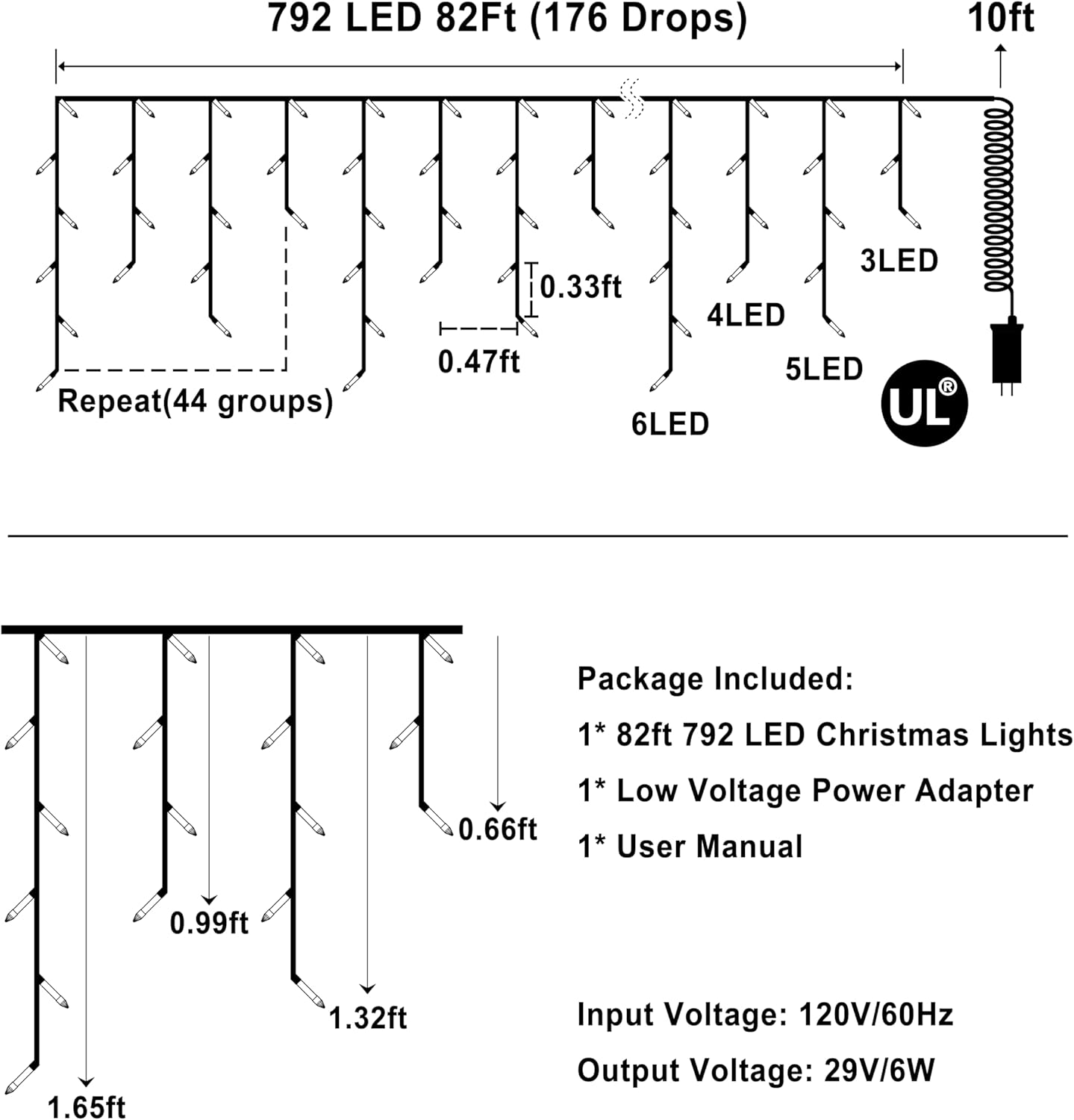 792 LED Christmas Lights with 176 Drops,82ft 8 Modes Fairy Hanging String Lights with Time Waterproof, Plug-in Christmas String Lights for Holiday Wedding Party Christmas Decorations(Warm White)