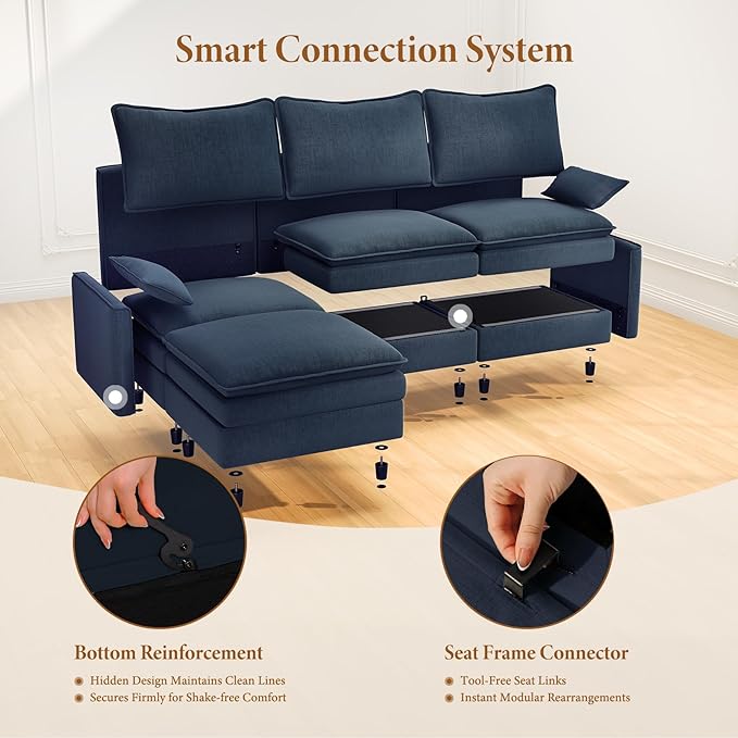 Vesgantti 108" Sectional Sleeper Sofa, 6-Seater Oversized Modular Cloud Couch with Movable Ottoman, Chenille Large Sofa Bed Convertible Deep Seat Couches for Living Room, Bedroom and Apartment, Blue