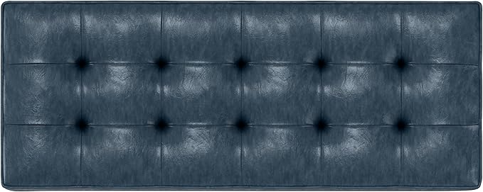 SIMPLIHOME Cosmopolitan Storage Ottoman Bench - 44 inch Wide Upholstered Vegan Leather Rectangle Storage Ottoman in Denim Blue, Transitional Bench for Bedroom with Tufted Lift-Top and Open Shelf