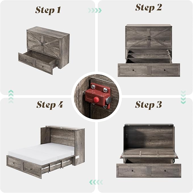 Full Murphy Bed with 6" White Tri-Fold Memory Foam Mattress, Storage Drawer & Charging Station, Space-Saving Design for Home Office or Guest Room, Rustic Grey