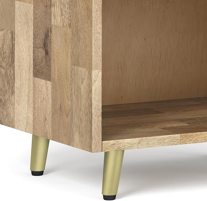 SIMPLIHOME Jager Bedside Table - 22 inch Wide Solid Mango Wood Nightstand in Natural, Mid Century Contemporary Bedroom Side or End Table with Brass Metal Inlay, 1 Drawer, and Open Storage