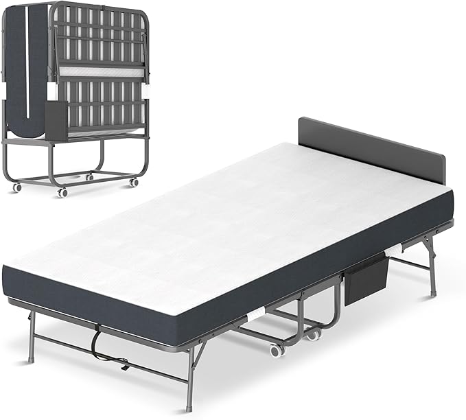 Folding Bed with Mattress for Adults, 75" x 31" Foldable Bed with Headboard and Side Pocket, Twin Size Metal Bed Frame with Wheels, Portable Rollaway Bed for Guest, Travel