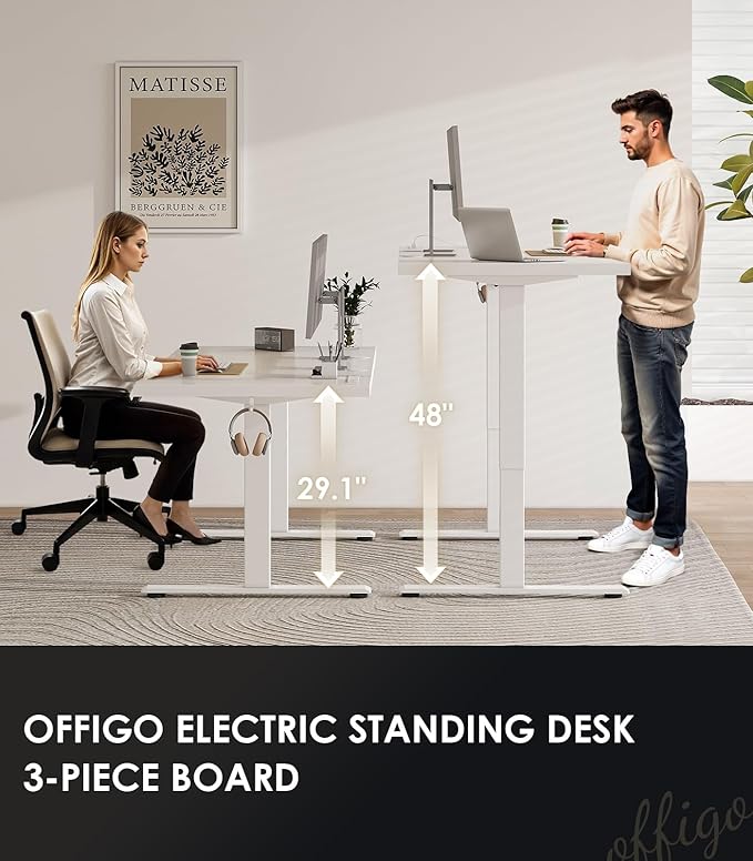 OffiGo Electric Standing Desk with 3-Piece Board, 79 Inch Height Adjustable Large Desk with Power Outlets, Sit Stand Table, Writing Computer Workstation for Home, Office, White