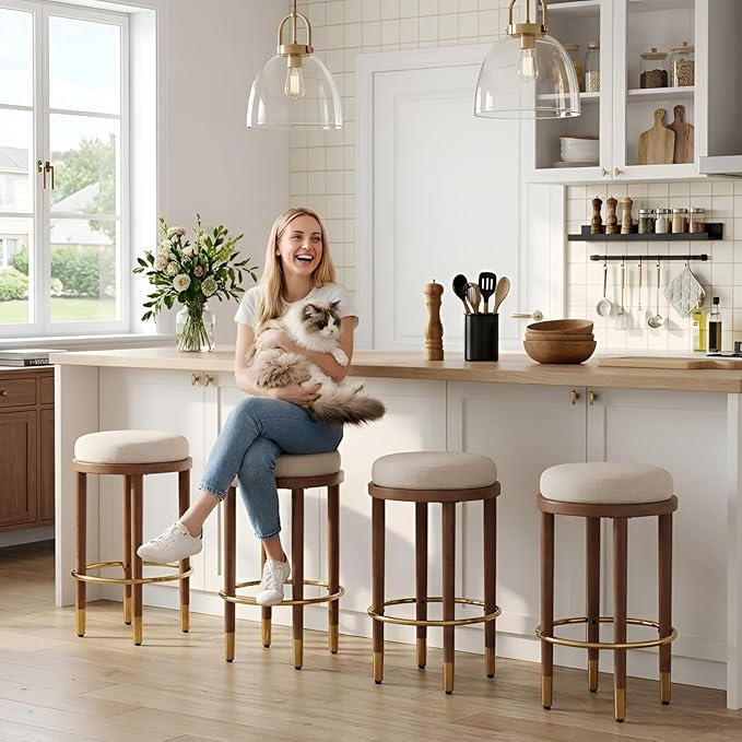 26’’ Rustic Backless Bar Stools with Metal Gold Footrest Counter Height Barstools Set of 6 Modern Round Farmhouse Beige Linen Upholstered Wooden Stools with Natural Solid Wood Legs for Kitchen Island