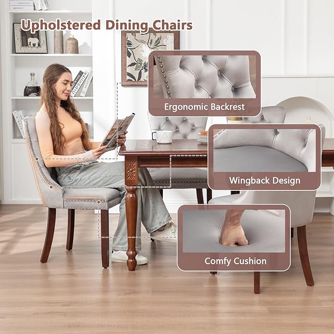 Velvet Dining Chairs Set of 6, Tufted Dining Room Chairs with Nailhead Ring Pull Trim, Upholstered Dining Chairs with Solid Wood Legs for Kitchen Dining Room (Light Grey)