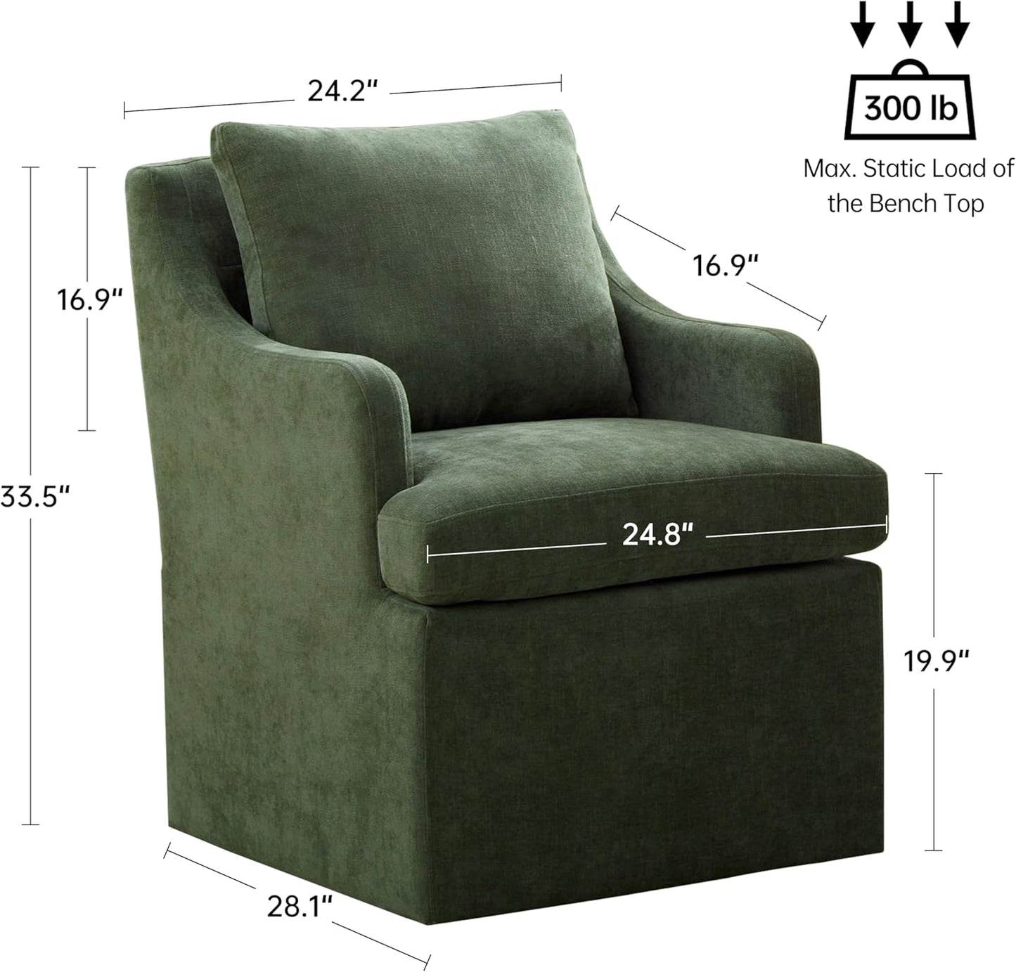 VKNOW Upholstered Dining Chairs Set of 2, Modern Kitchen Chair Dinner Chairs with 4 Casters, Linen Armchair for Bedroom Reading Room, Green