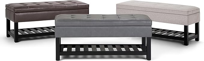 SIMPLIHOME Cosmopolitan Storage Ottoman Bench - 44 inch Wide Upholstered Linen Look Fabric Rectangle Storage Ottoman in Cloud Grey, Transitional Bench for Bedroom with Tufted Lift-Top and Open Shelf