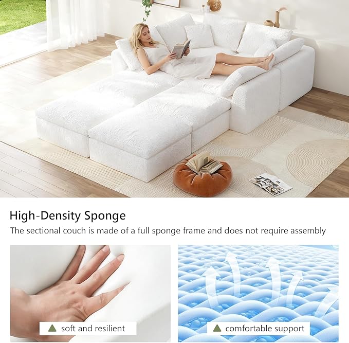138" Boneless Cloud Couch Modular Sectional Sofa with Deep Seat for Living Room, L Shape Couch with Ottoman, Snowflake Cloth and 40D Memory Sponge，2 Throw Pillows (White, 4 Seater+4 Ottoman)