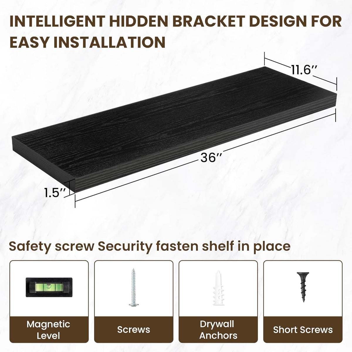 36 Inch Floating Shelves, 12 Inch Deep Floating Shelves for Wall, Floating Shelf with Invisible Brackets, Deep Shelves for Bathroom, Bedroom, Living Room, 2 Pack, Black