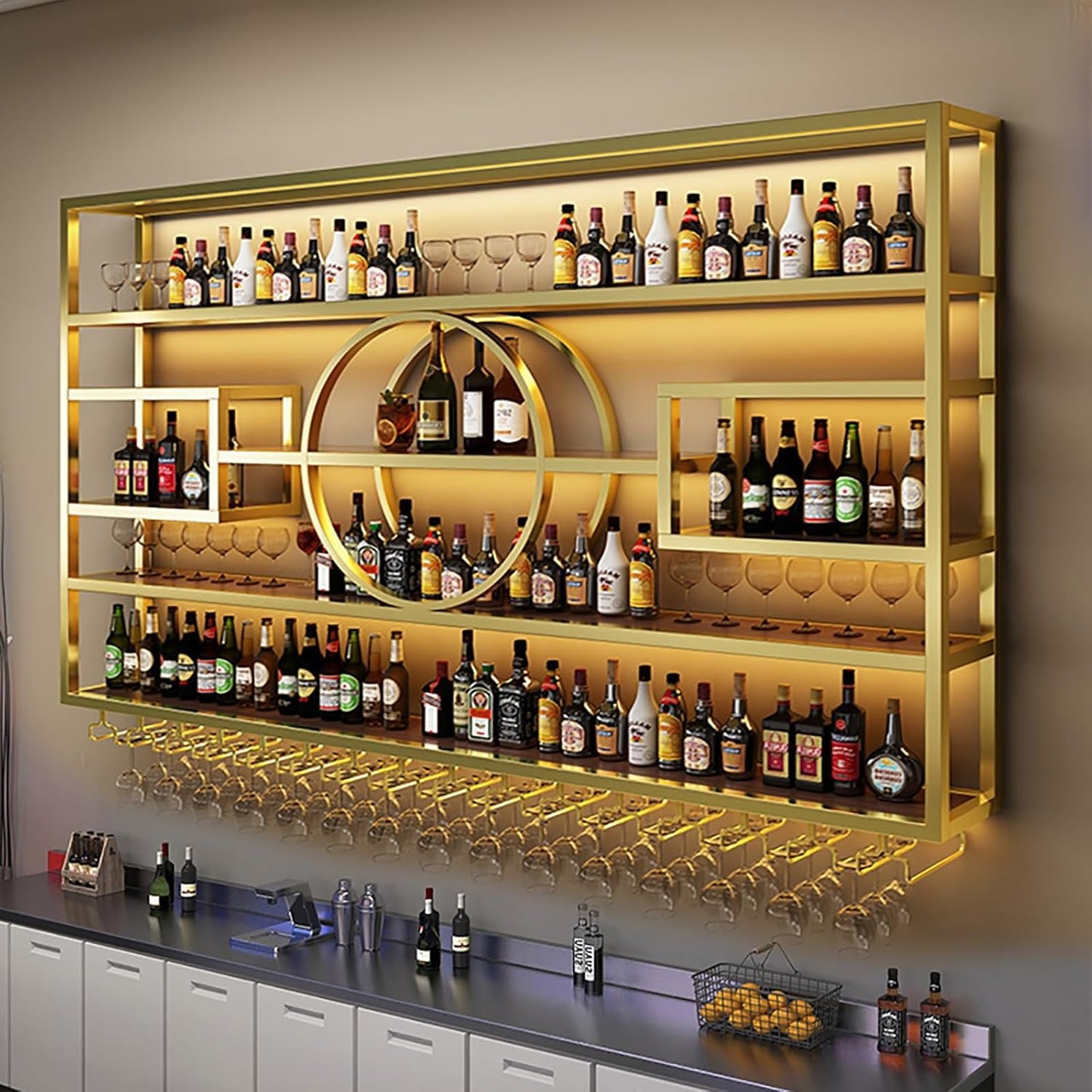 63in Wall Mounted Wine Rack, Modern Metal Wine Bottle and Glass Holder, Iron Display Stand Decorative Wine Rack, for Bar Living Room Dining Room Background (Gold, 63 * 8 * 51INCHES)