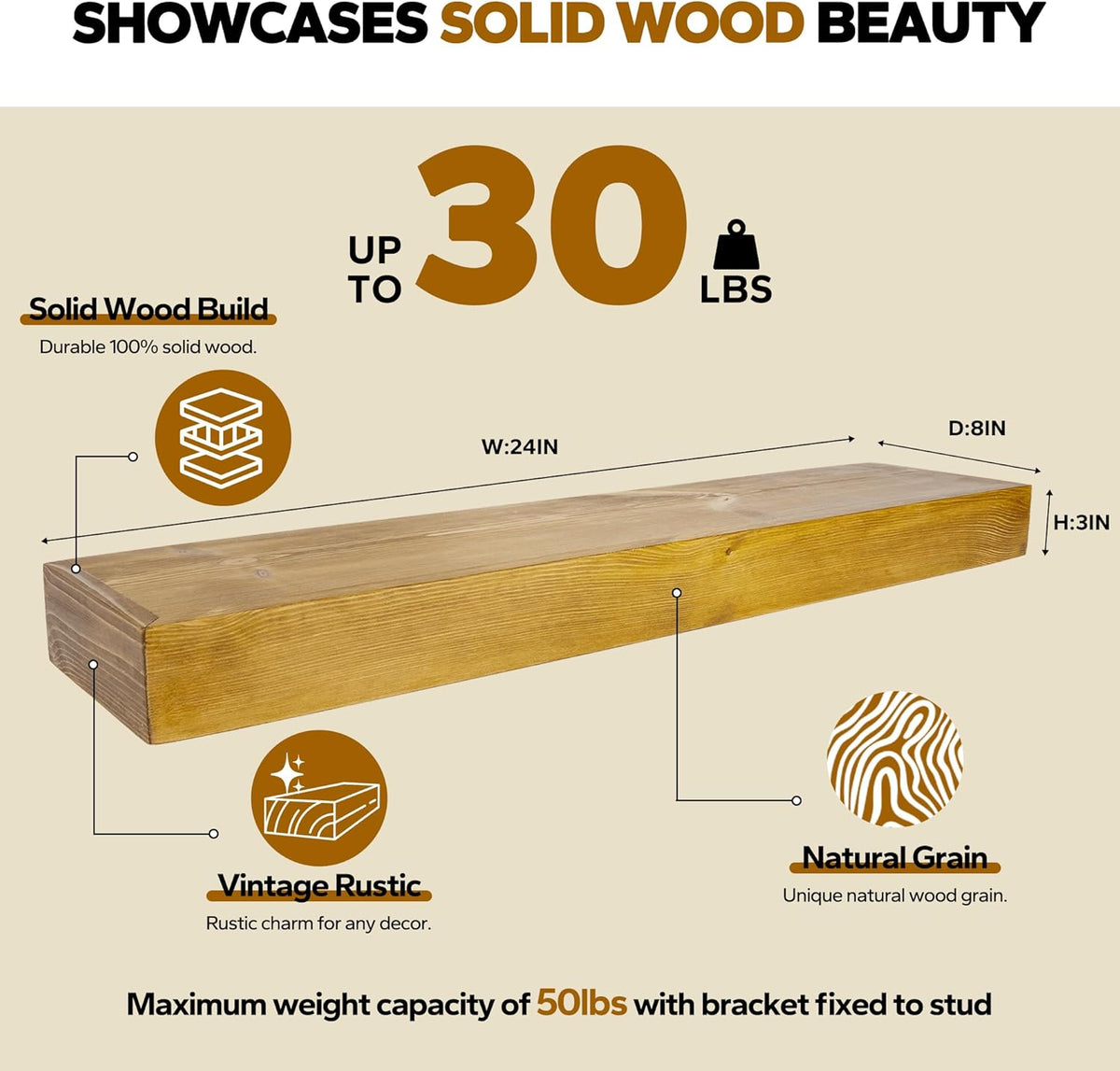 Floating Shelves 3 inch Thick for Wall Set of 2,Solid Pine Wood Wall Mount Shelf for Kitchen Living Room Bedroom Bathroom,8" D x 24" L x 3" H-Gold Oak
