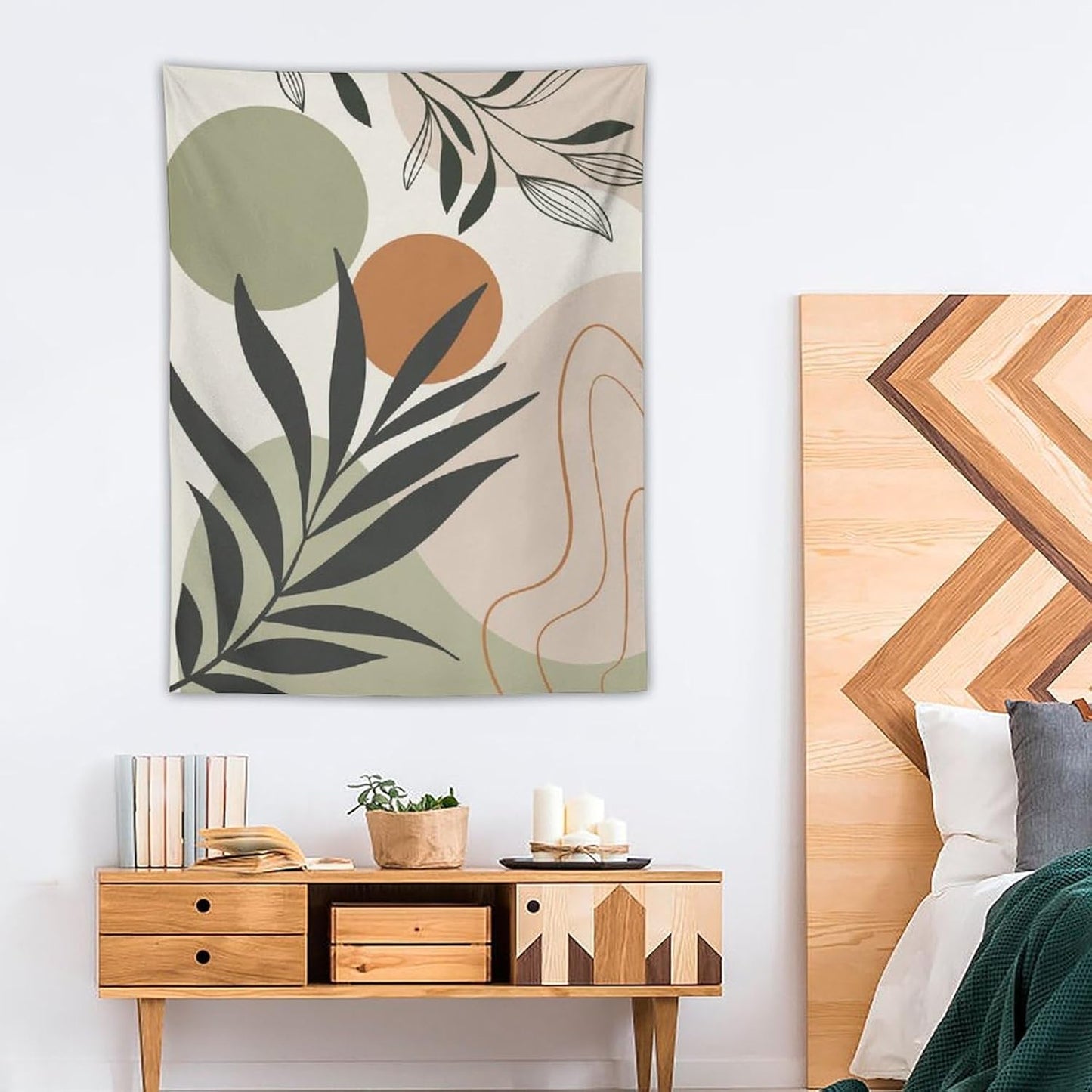 Abstract Bohemian Mid Century Tapestry, Tropical Leaves Modern Geometric Archway Minimalist Bohemian Botanical Aesthetic Wall Hanging, Sage Green Gold Home Decor Art for Bedroom 60x60 Inch