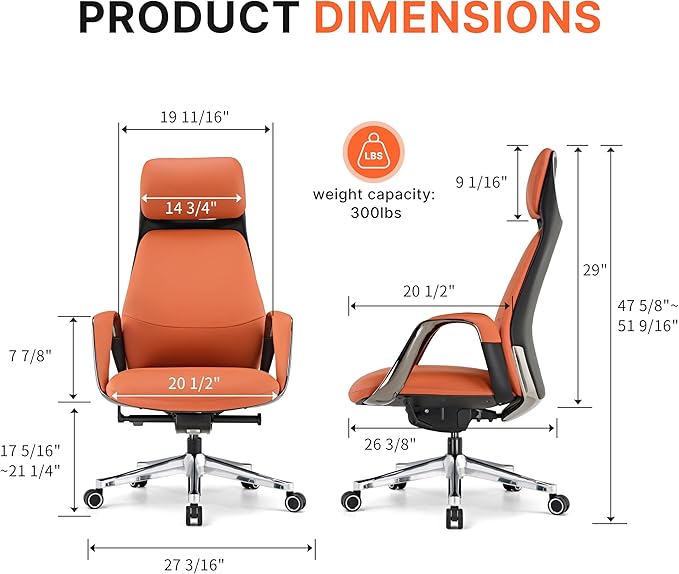 EUREKA ERGONOMIC Serene Executive Office Chair Genuine Leather, Modern Executive Chair 135° Back Support Comfy Desk with Arms & Aluminum Base for Home-Orange
