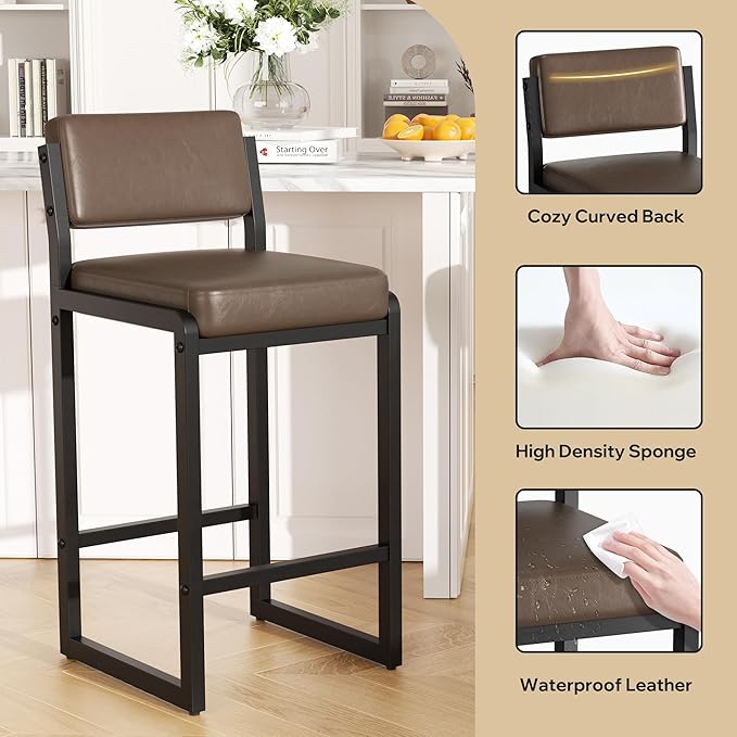 Bar Stools, Faux Leather Counter Height Bar Stools with High Back and Metal Legs, Upholstered Bar Chairs, 26" Modern Barstools for Kitchen Island, Dark Brown