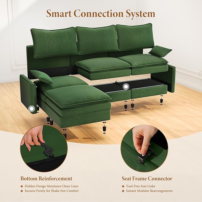 Vesgantti 108" Sectional Sleeper Sofa, 6-Seater Oversized Modular Cloud Couch with Movable Ottoman, Chenille Large Sofa Bed Convertible Deep Seat Couches for Living Room, Bedroom and Apartment, Green