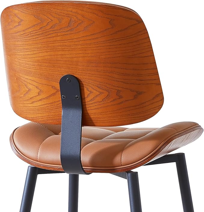Mid Century Modern Bar Stools Set of 2 for Kitchen Island,Upholstered Brown Faux Leather Counter Height stools,26 Inch Counter stools with Walnut Grain Back