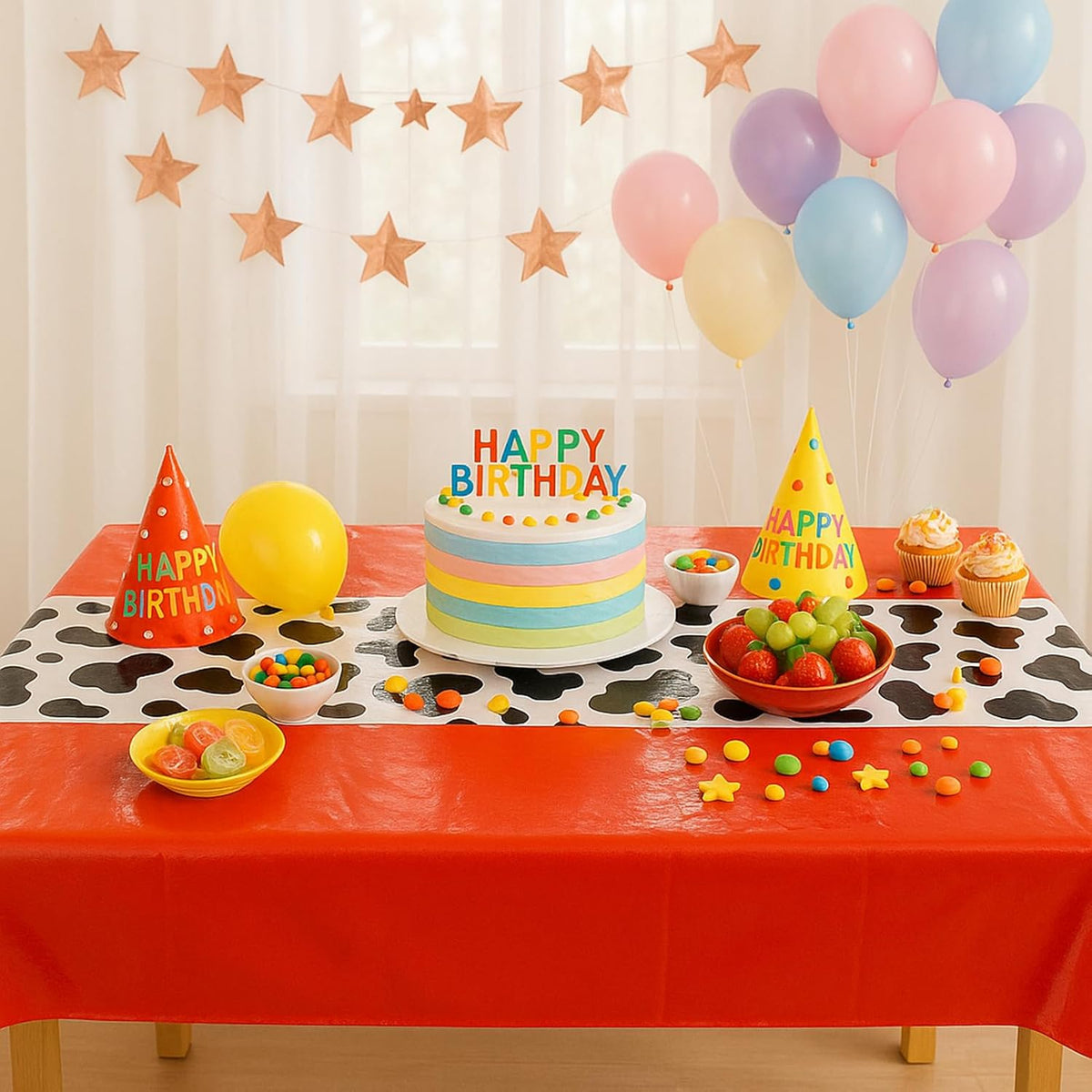 3 Pack 108 x 54 Inch Cow Print Tablecloth Cow Plastic Table Cover Birthday Party Table Cloth Disposable Plastic Farm Animal Party Cover for Disco Cowgirl Decorations Supplies Red