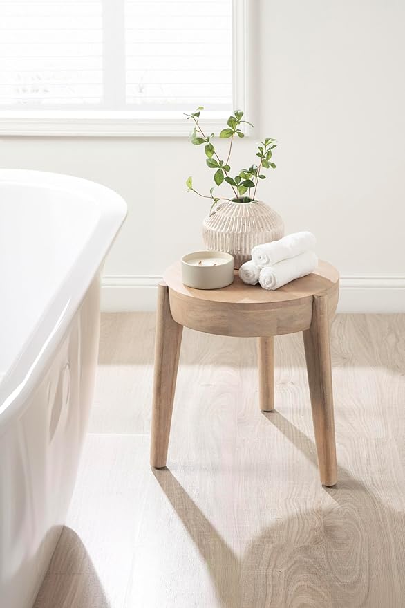 Kate and Laurel Vola Round Wood Side Table, 17 x 17 x 18, Natural Wood, Transitional End Table for Use as Bedside Nightstand, Living Room Ottoman, or Bedroom Vanity Stool