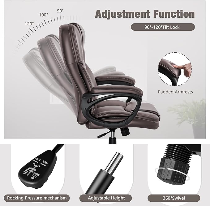JUMMICO Executive Office Chair High Back Managerial Home Desk Chair, Adjustable Swivel Computer PU Leather Chair with Lumbar Support (Brown)