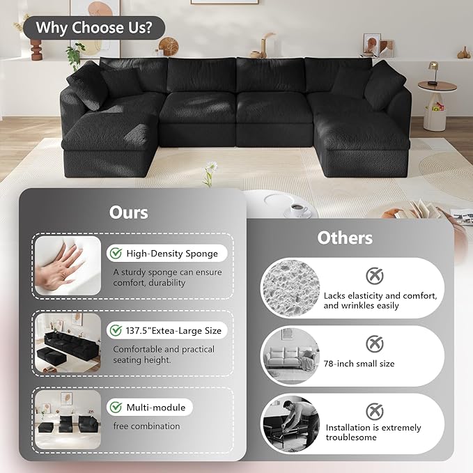 138" Boneless Cloud Couch Modular Sectional Sofa with Deep Seat for Living Room, L Shape Couch with Ottoman, Snowflake Cloth and 40D Memory Sponge，2 Throw Pillows (Black, 4 Seater+2 Ottoman)