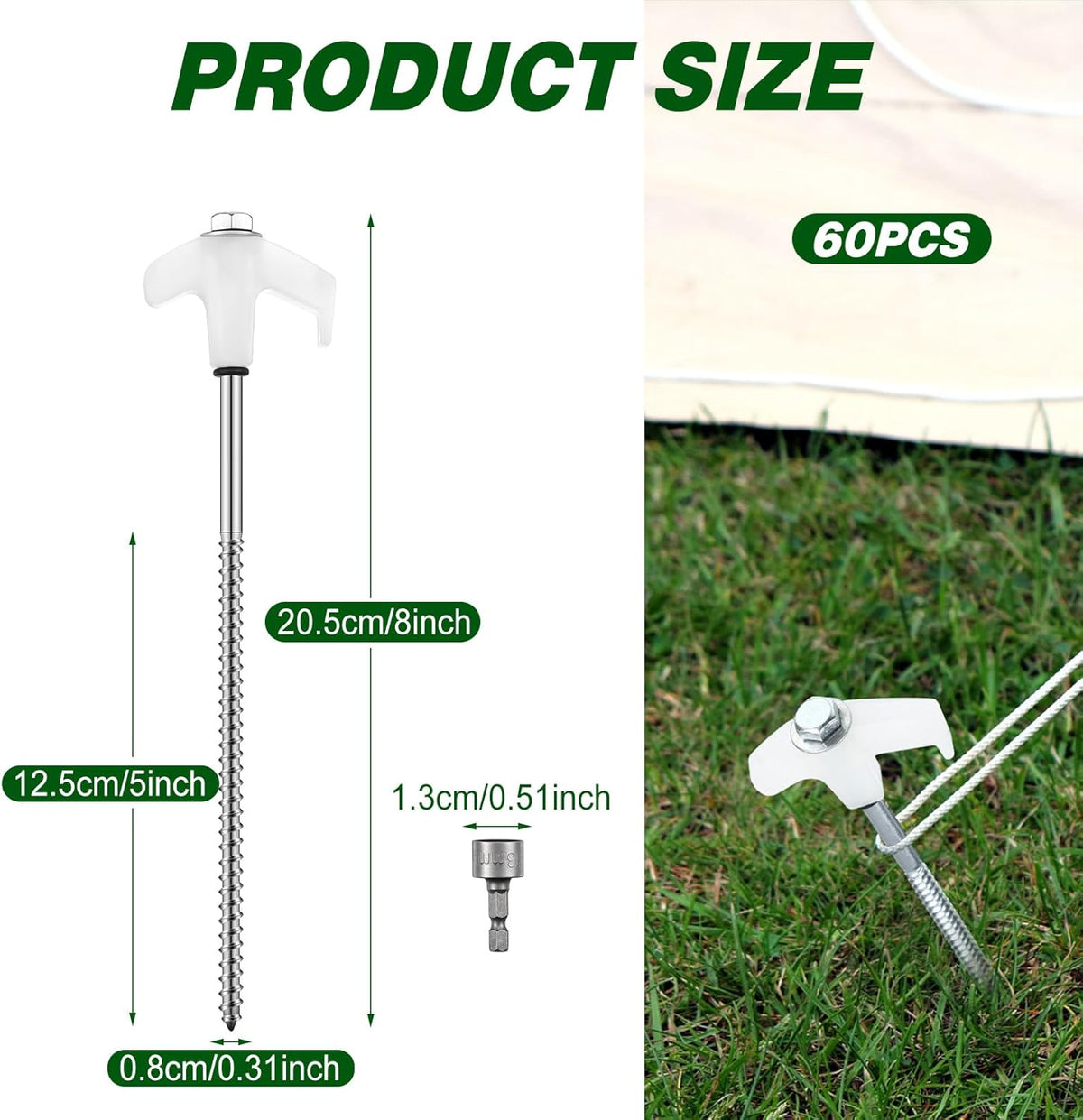 Hicarer 60 Pcs 20 Pcs 8'' Screw in Tent Stakes Heavy Duty Ground Metal Stakes for Inflatables with Hex Head Driver for Outdoor Camping Tent Inflatable Garden Decor (Luminous White)