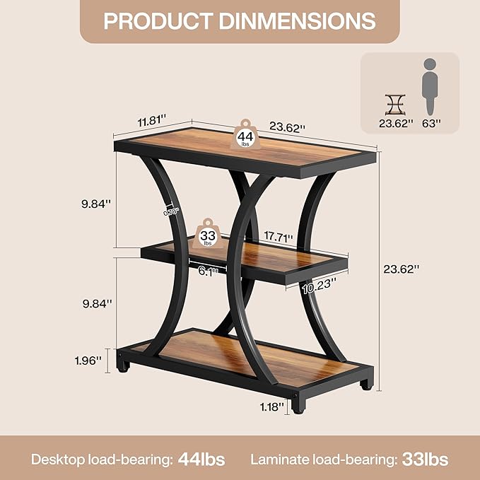 Tribesigns End Table with Storage, 3-Tier Side Table with Geometric Metal Design, Industrial Nightstand for Small Spaces, Living Room, Bedroom, Study Room (2, Rustic Brown)