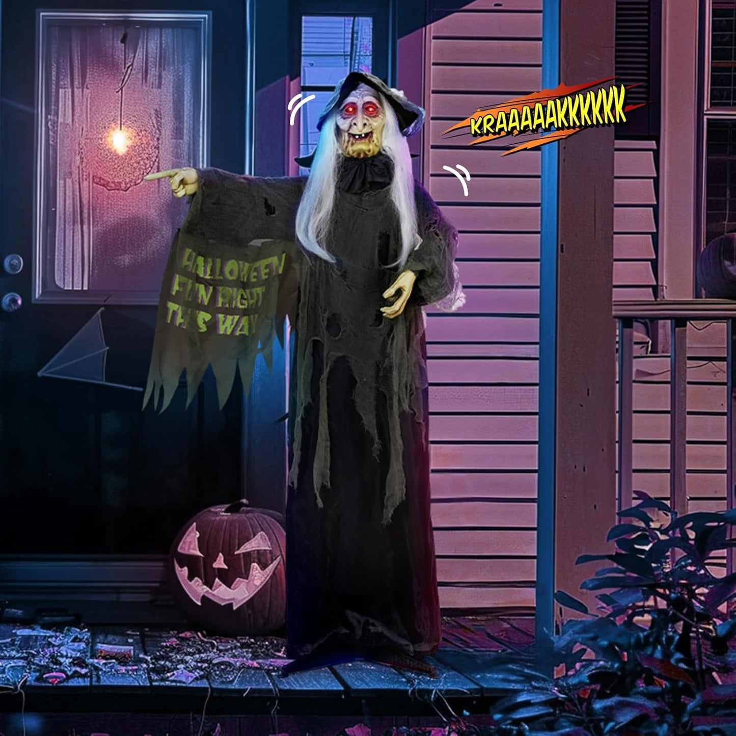AW Animated Halloween Decorations,Scary Witch,6 FT Life Size Standing Clown,Motion/Sound Activated LED Eyes Creepy Sound,Haunted House Props,Party Outdoor Indoor Lawn Yard Patio 2025