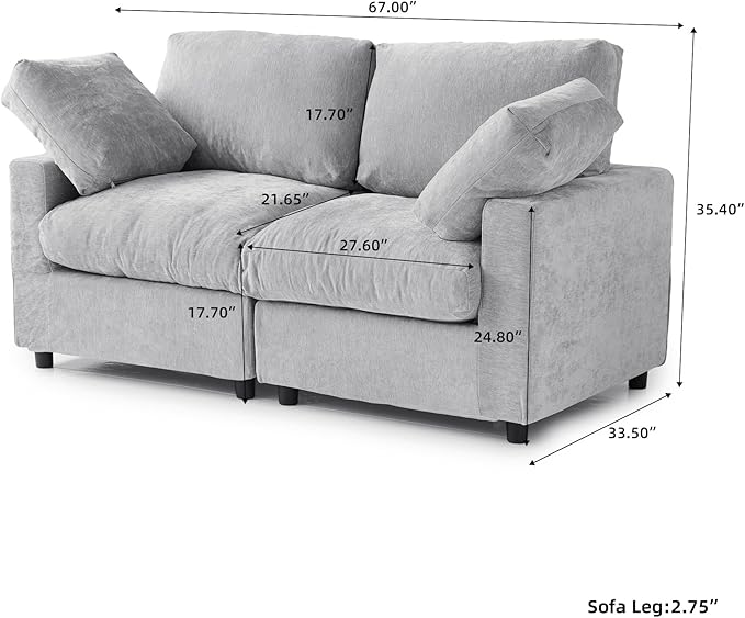 WJShome Sectional Couches for Living Room, 67 Inch Loveseat Sofa with Chenille Upholstery & Double Layer Cushions, Modern Apartment Size Modular Couch for Bedroom，Gray