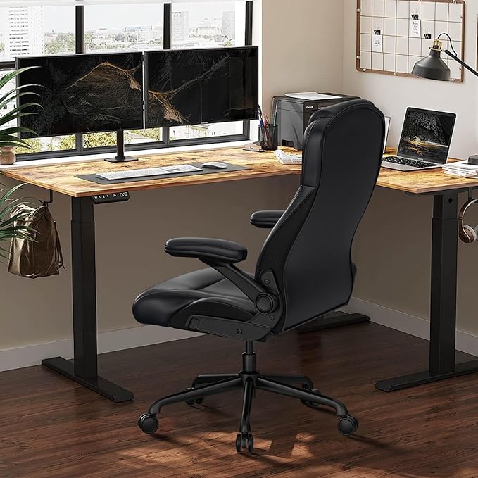 Ergonomic Executive Office Chair for Big & Tall - 500lbs Capacity with Lumbar Support & Flip-Up Armrests, Heavy Duty PU Leather Computer Desk Chair, Black