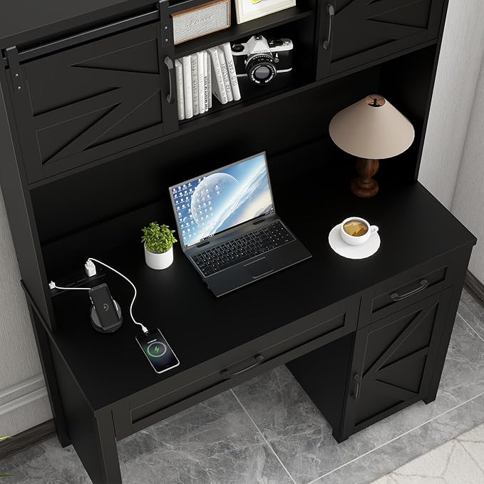 Vabches Farmhouse 47" Executive Desk, Computer Desk with 2 Drawers, Storage Cabinet and LED Light,Charging Hub, Home Office Desk with Hutch, Workstation for Home Office and Study(Pure Black