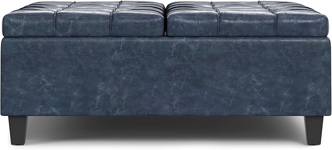 SIMPLIHOME Harrison 40 inch Wide Transitional Square Large Coffee Table Storage Ottoman in Denim Blue Vegan Faux Leather, Assembled, for The Living Room and Bedroom