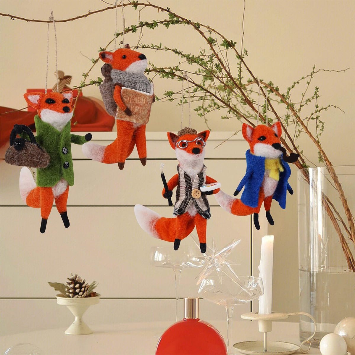 Set of 4 Christmas Felt Fox Ornaments, Mini Hanging Wool Mr. Foxes Fantastic Figurines, Tiered Tray Tabletop Decor, Animal Crafts Cute Xmas Tree Holiday Easter Gifts Home Office Party Supply