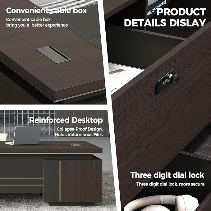 Reversible L Shaped Executive Desk with Lockable Drawers, Power Box & Cable Management, Dual-Tone Modern Wood Office Desk with Storage Cabinets & Privacy Panel for Home Office